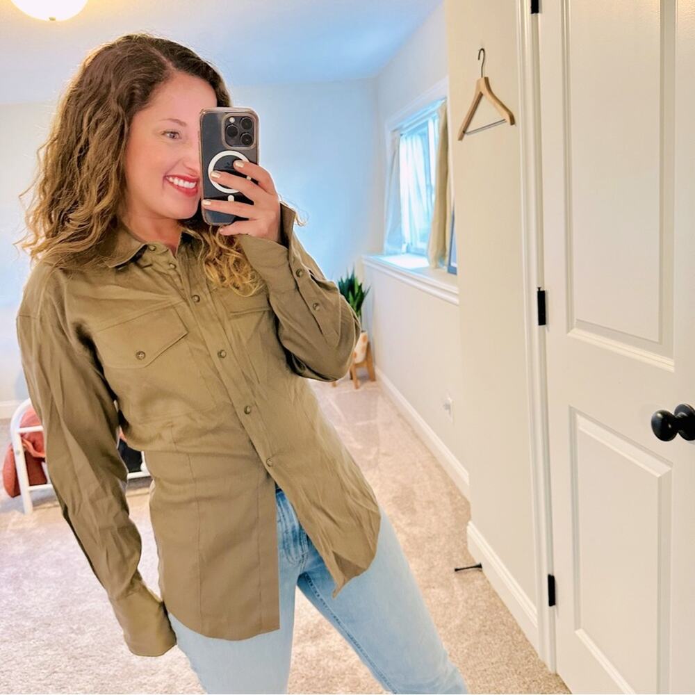 FRAME Khaki Green Lyocell Linen Button Front Blouse Medium